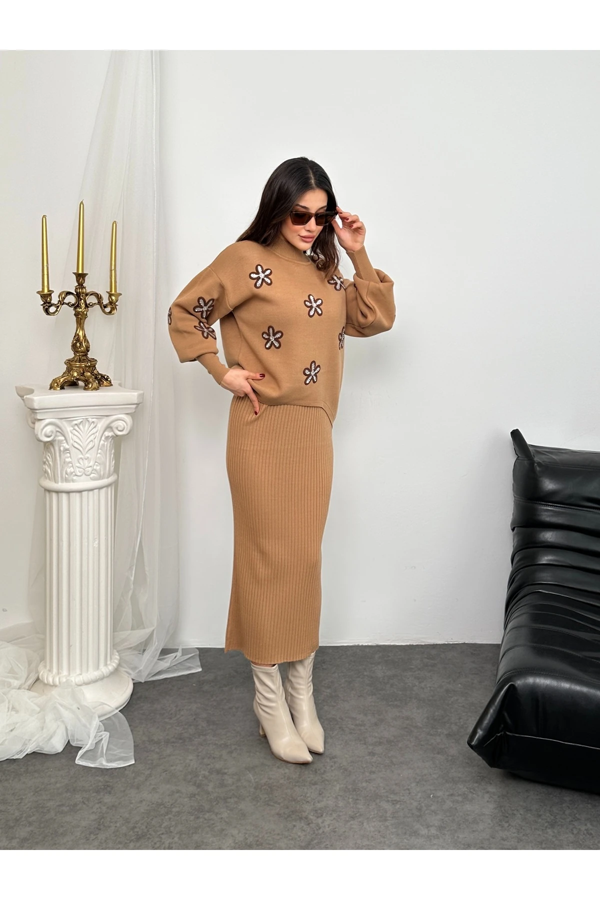 Papatya Desen Triko Takım - Bej