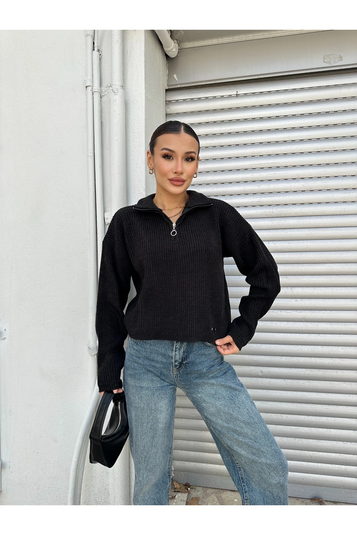 Fermuarlı Triko Kazak - Siyah