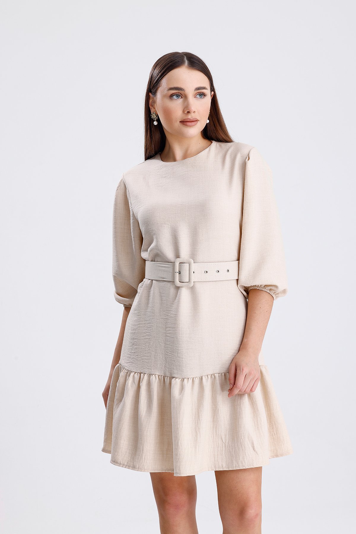 Kemerli Mini Elbise - Krem