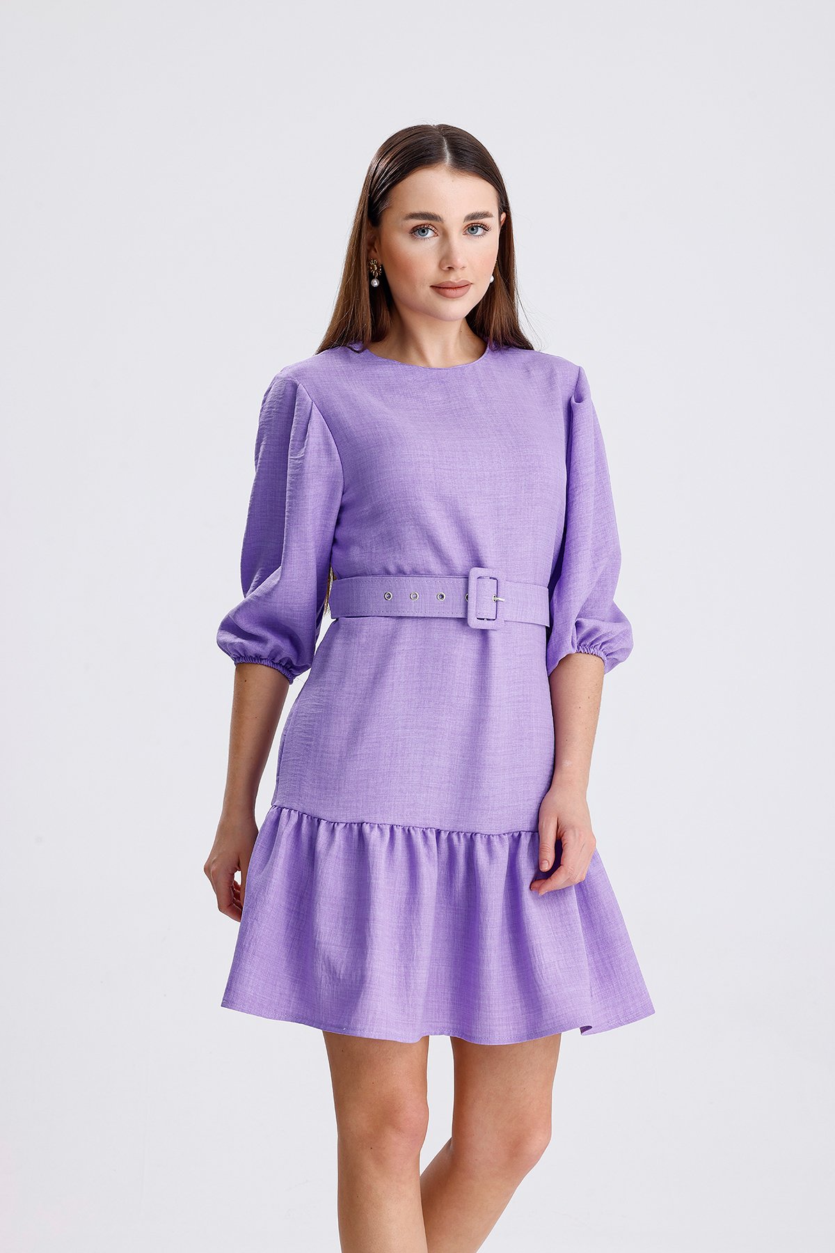 Kemerli Mini Elbise - Lila