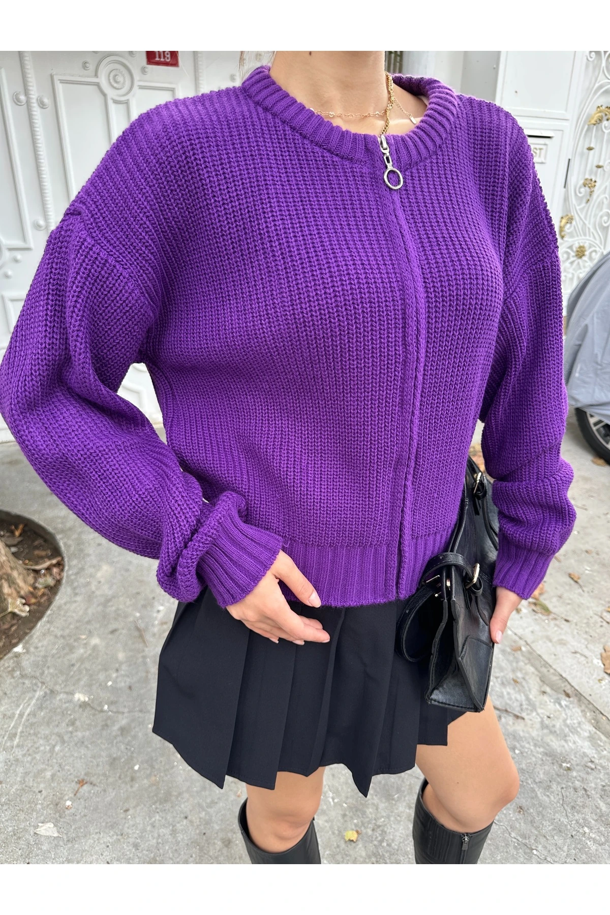 Kadın Fermuarlı Triko Hırka - Mor