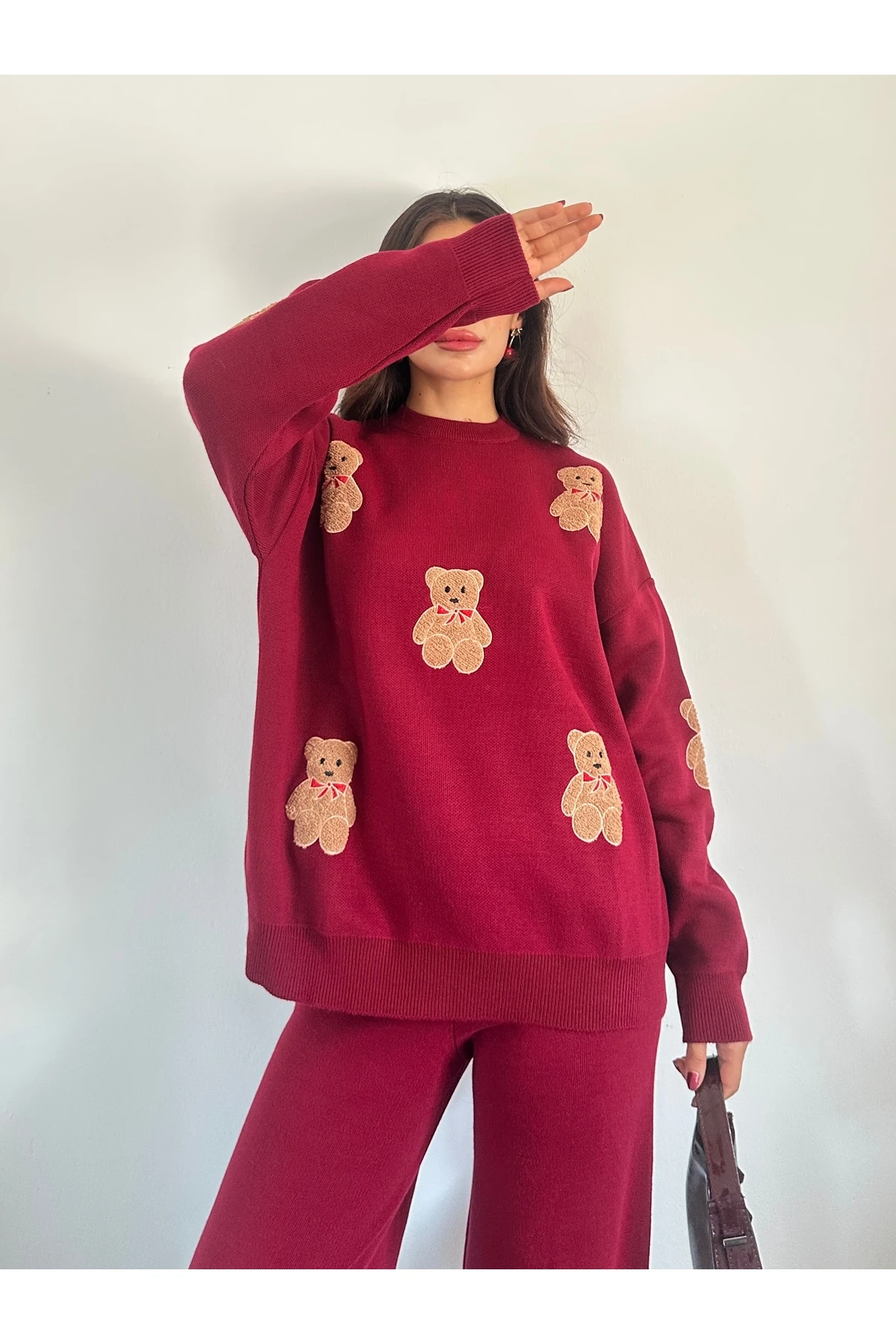 Ayıcıklı Triko Takım - Bordo