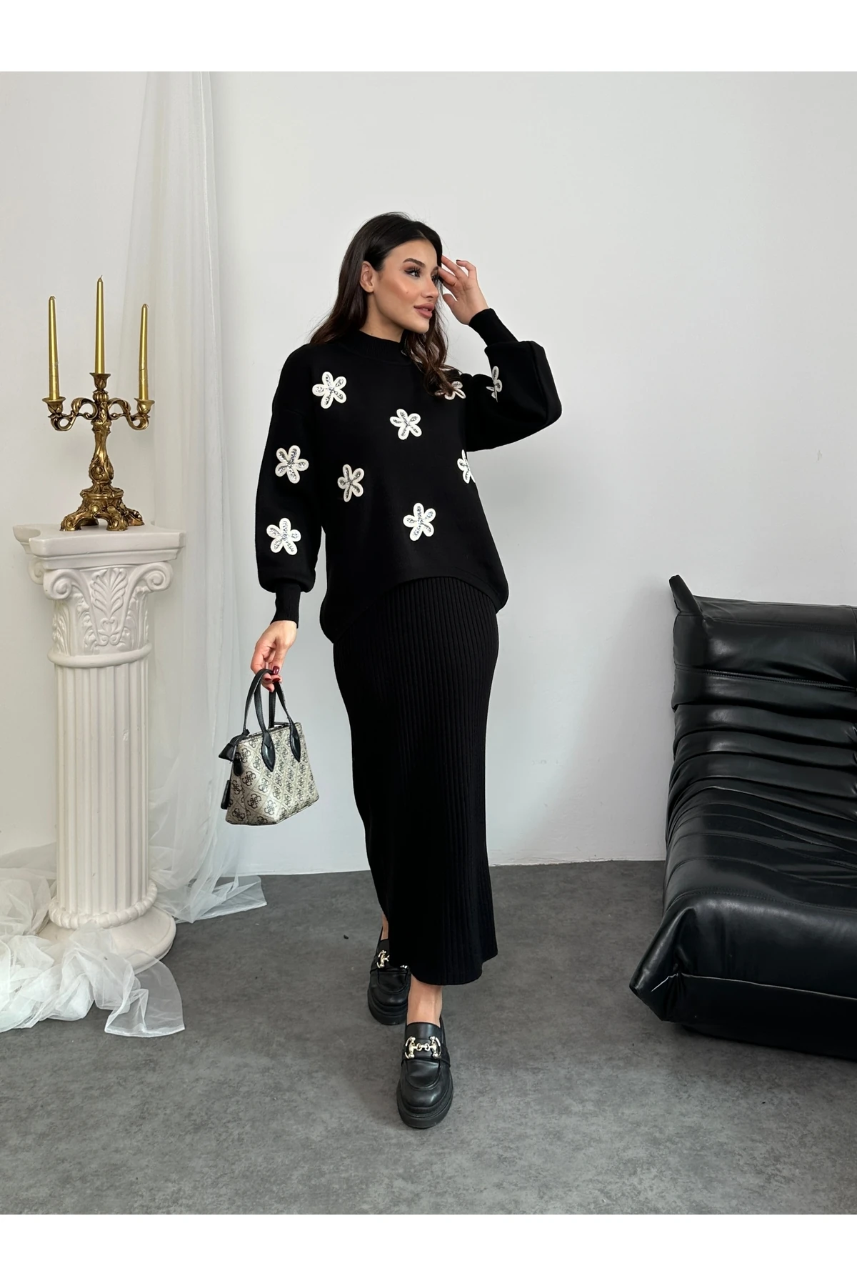 Papatya Desen Triko Takım - Siyah