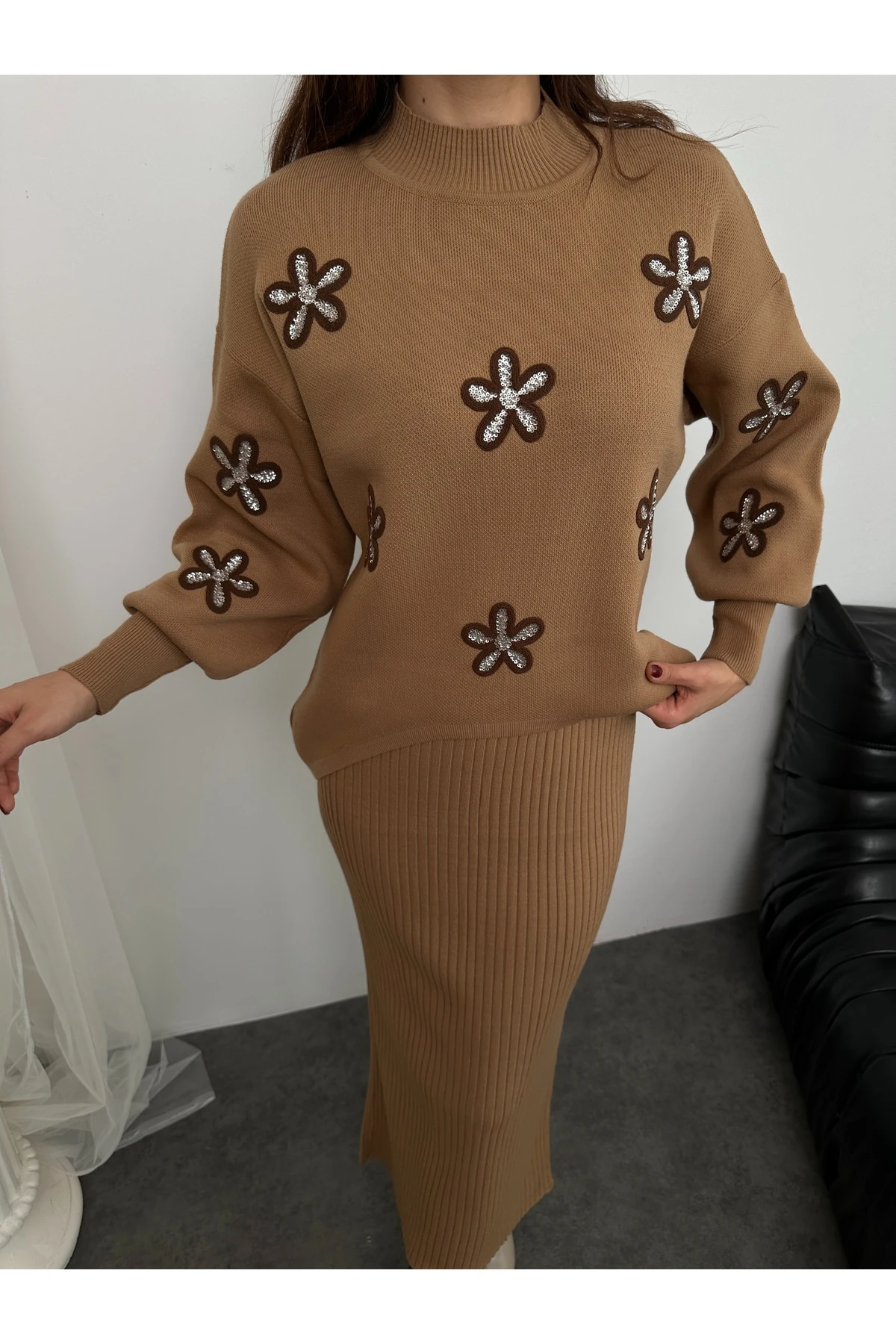 Papatya Desen Triko Takım - Bej