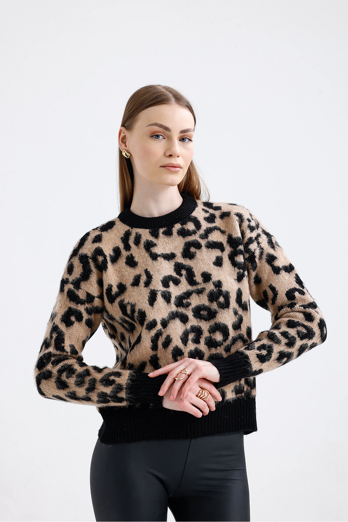 Leopar Desen Triko Kazak - Karamel