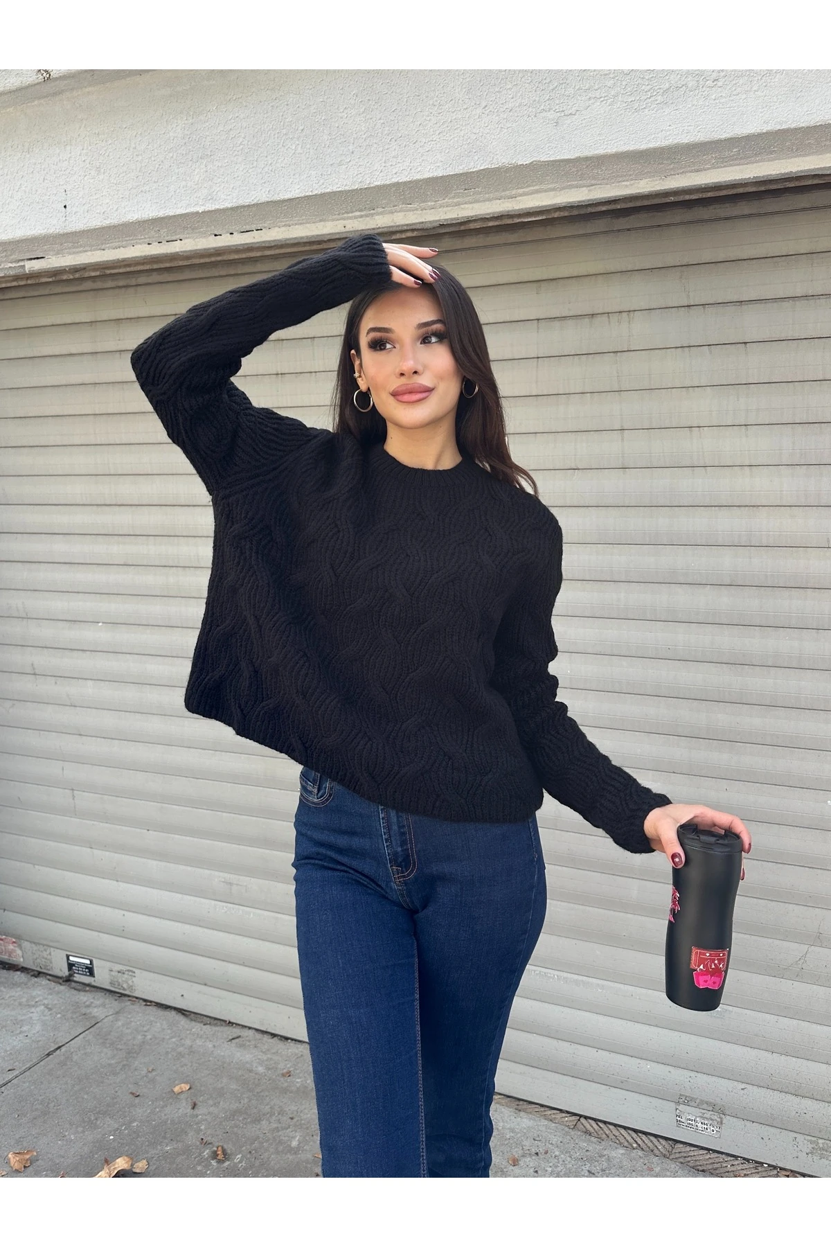 Bisiklet Yaka Dokulu Triko Kazak - Siyah