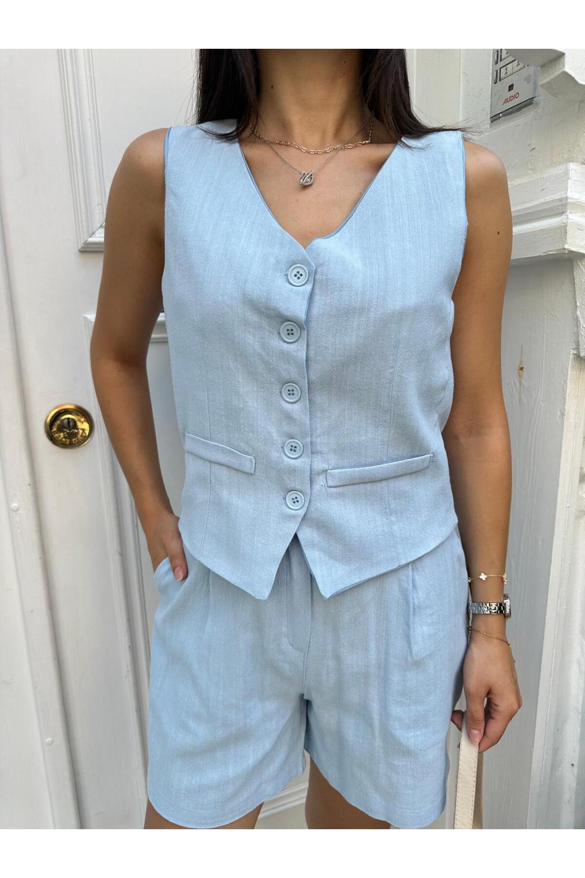 Keten Şortlu Takım - Bebe Mavisi