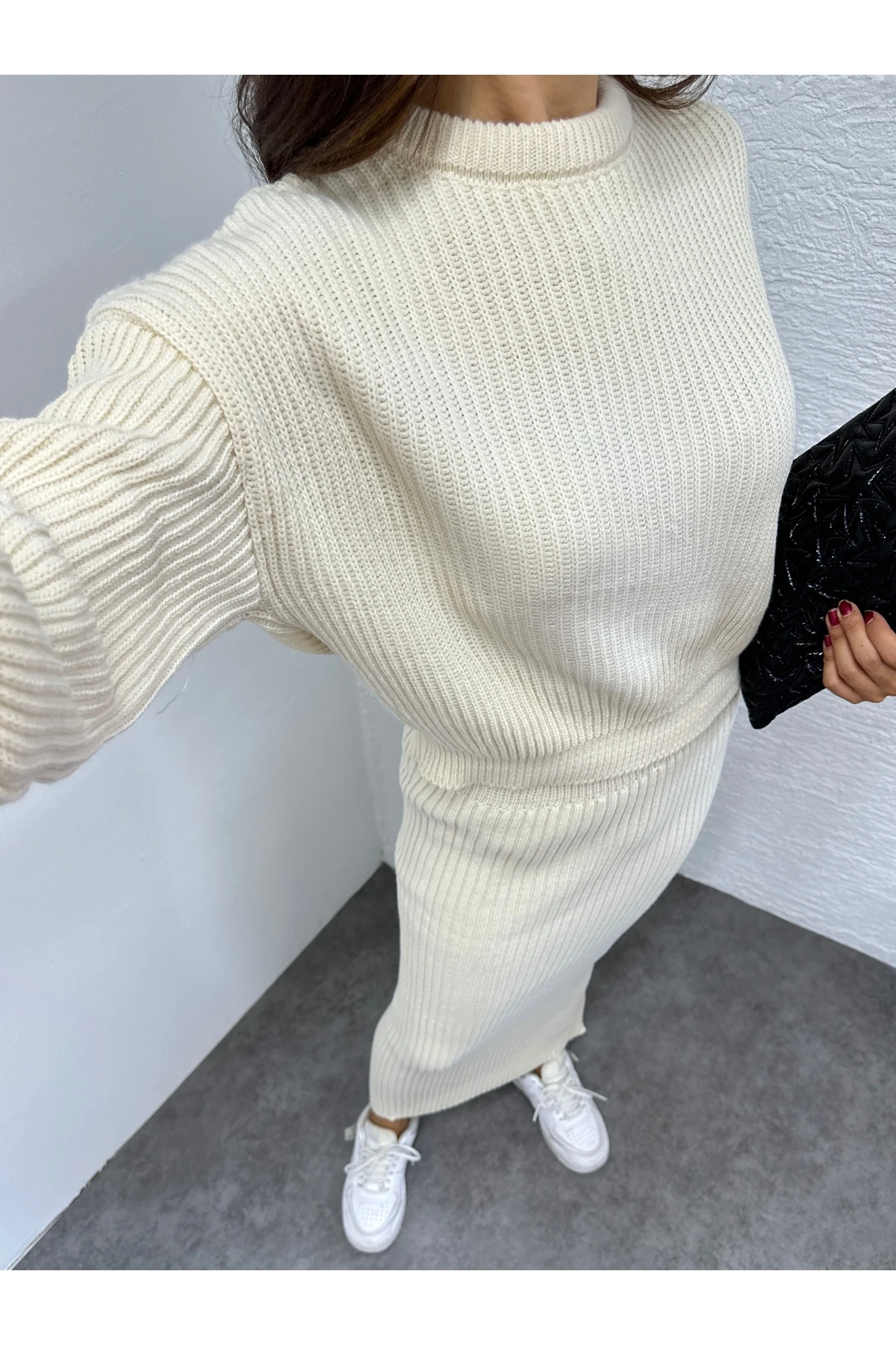 Selanik Örgü İkili Takım - Krem