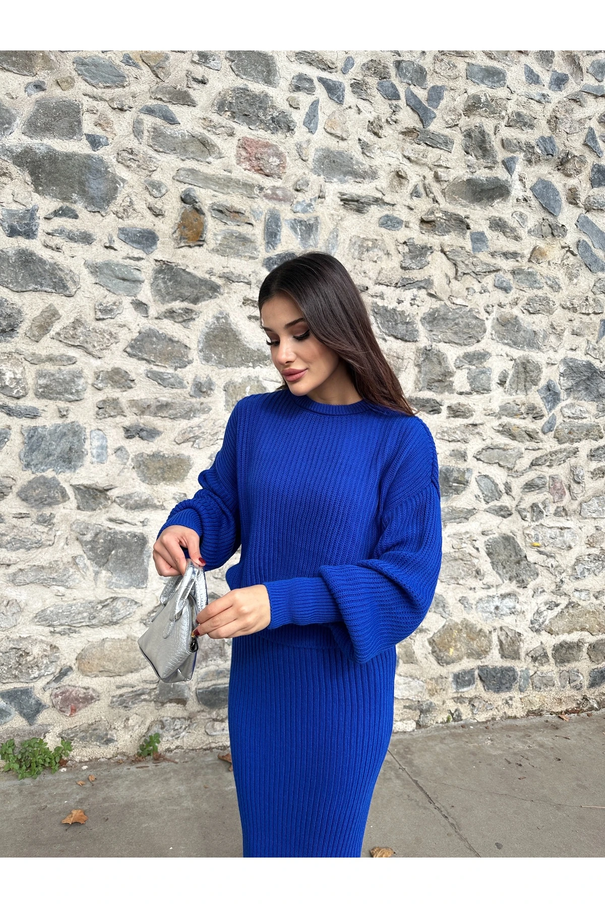 Selanik Örgü İkili Takım - saks mavisi