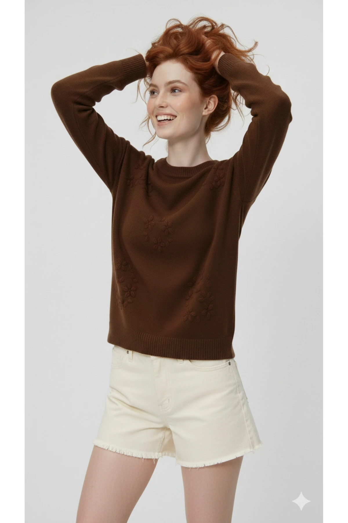 El İşi Çiçek İşlemeli Kadın Triko Kazak - Kahverengi