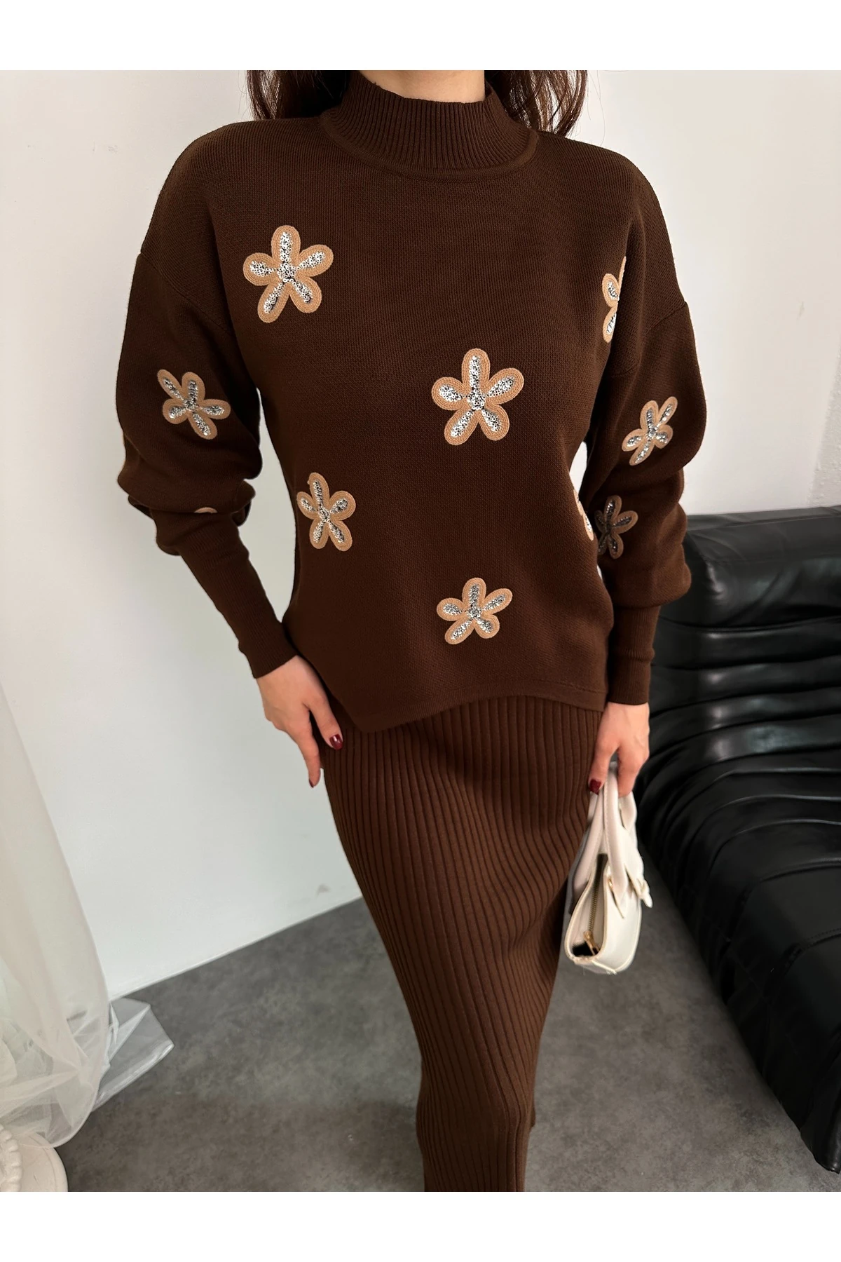 Papatya Desen Triko Takım - Kahverengi