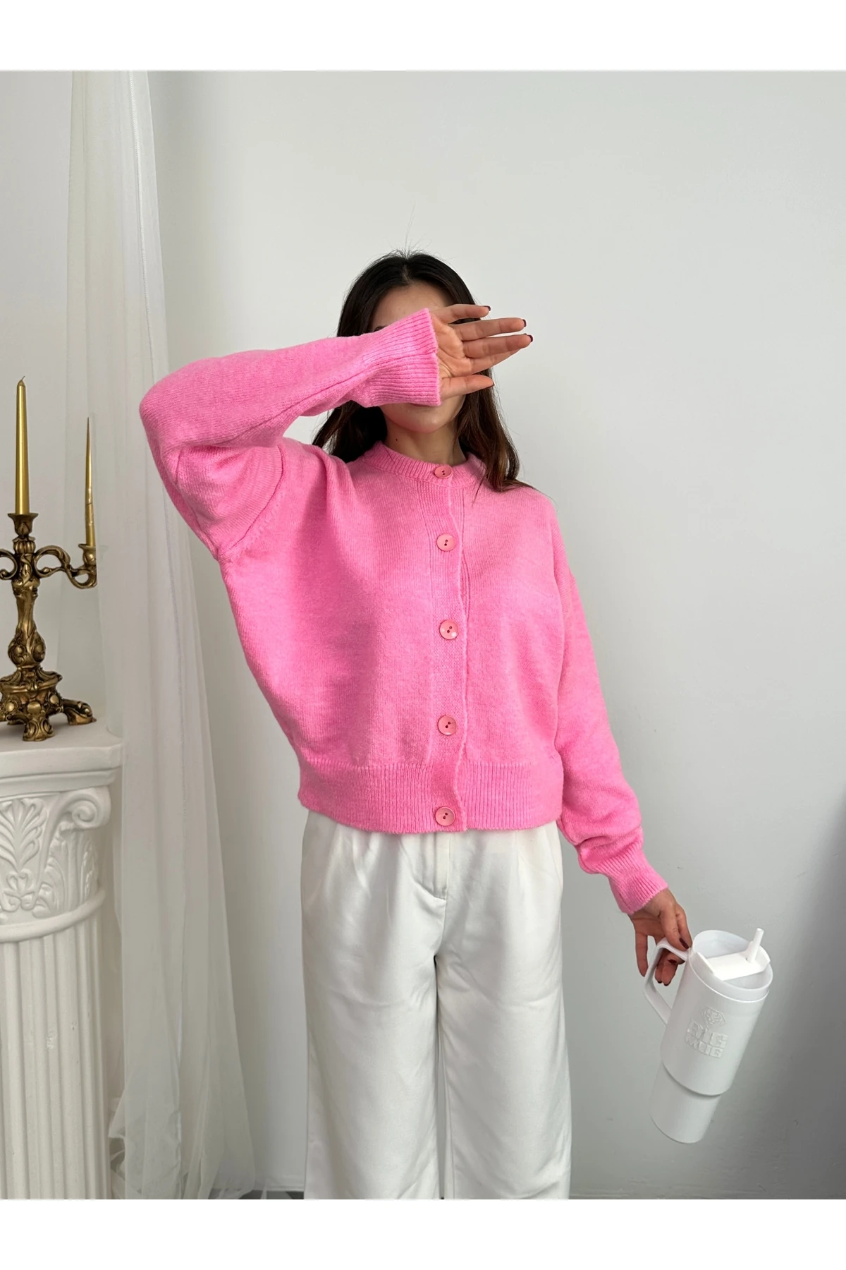 Basic Düğmeli Antrasit Triko Hırka - Pembe