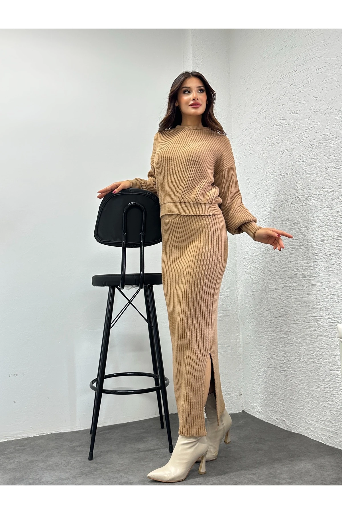 Selanik Örgü İkili Takım - Karamel