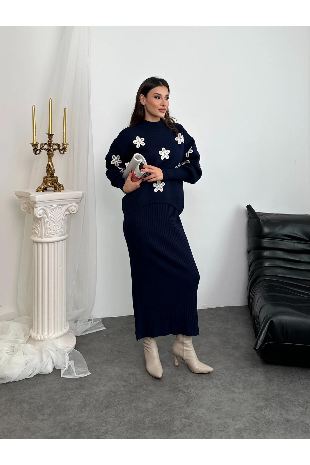 Papatya Desen Triko Takım - Lacivert