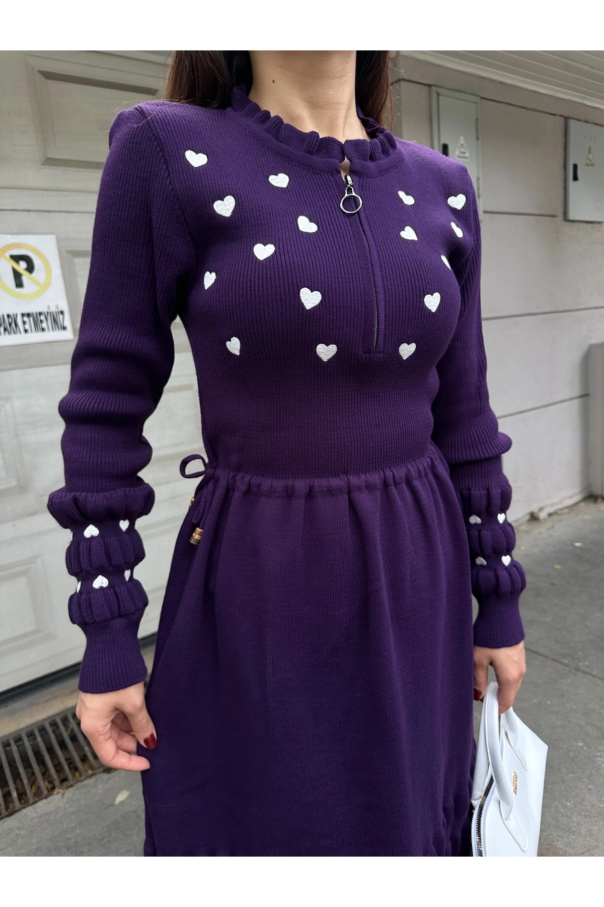 Kalp Nakışlı Şık Triko Elbise - Mor