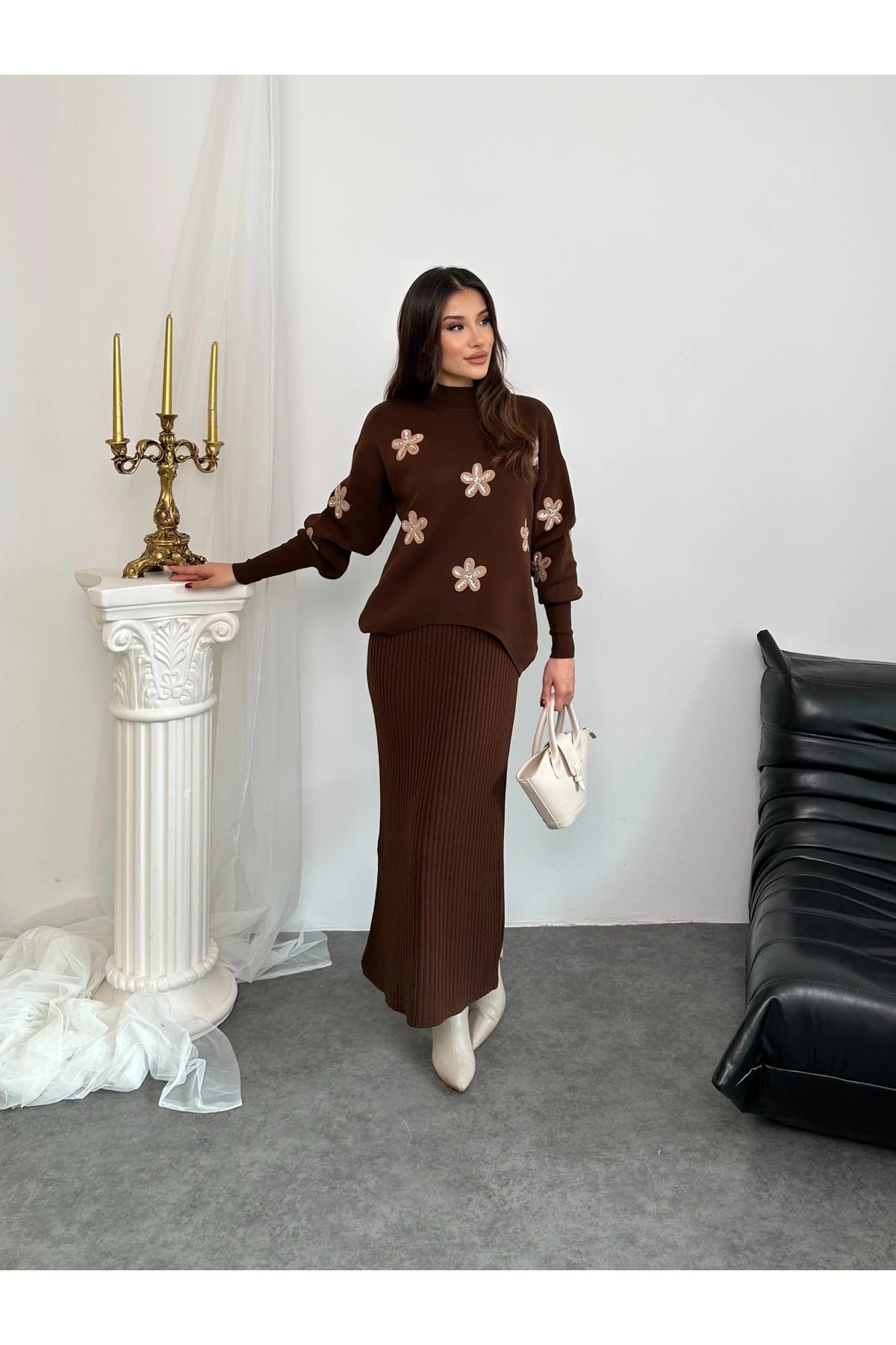 Papatya Desen Triko Takım - Kahverengi