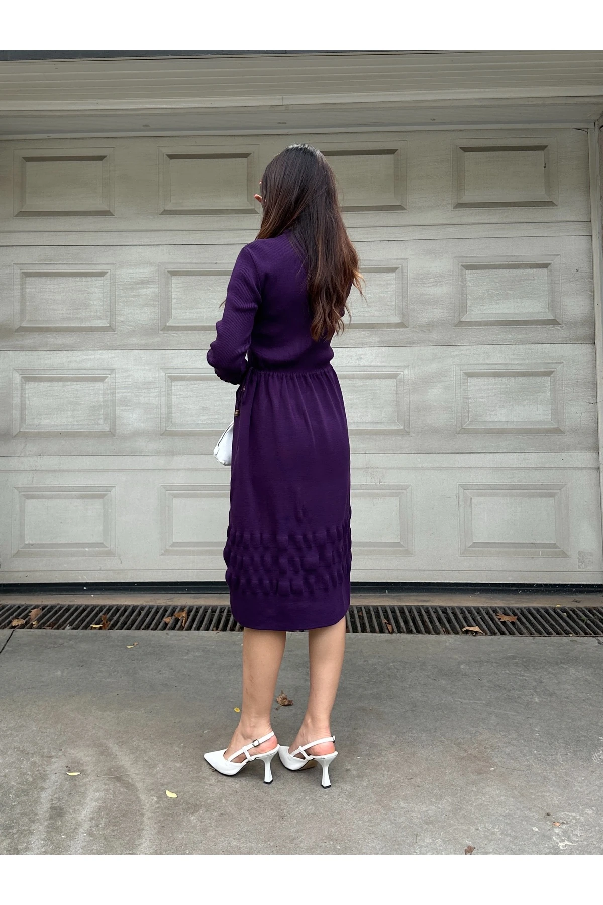 Kalp Nakışlı Şık Triko Elbise - Mor