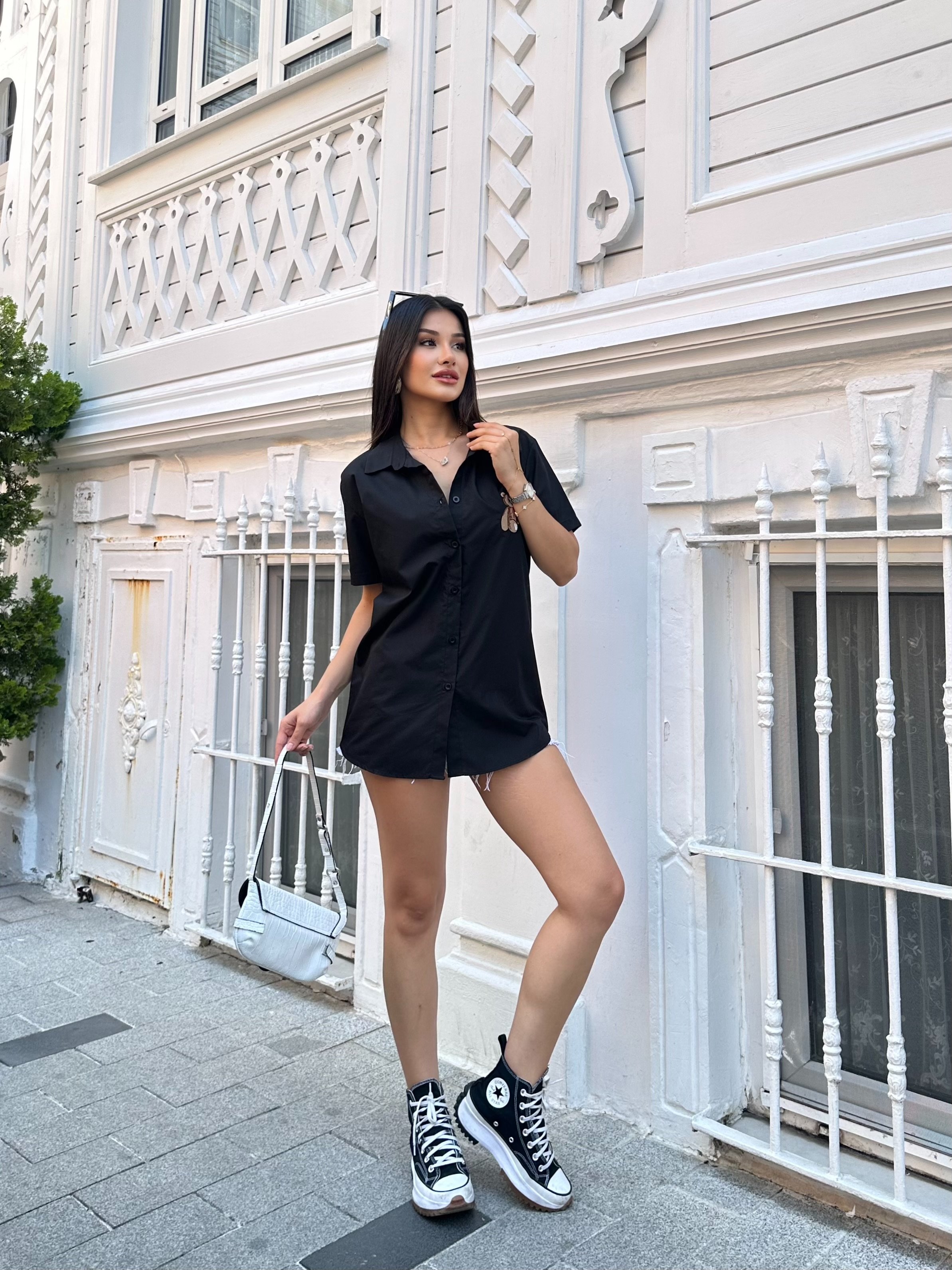 Ayıcık Nakışlı Gömlek - Siyah