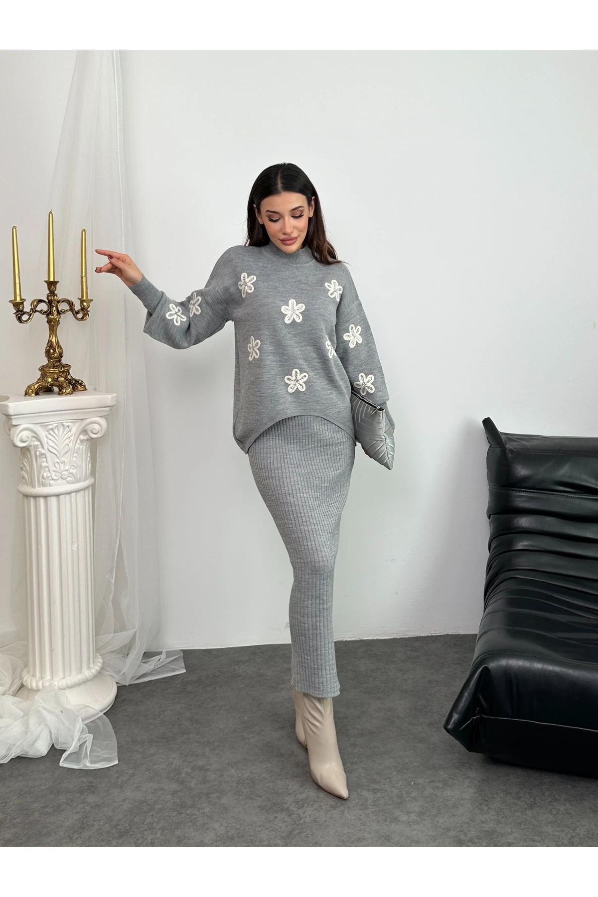 Papatya Desen Triko Takım - Gri