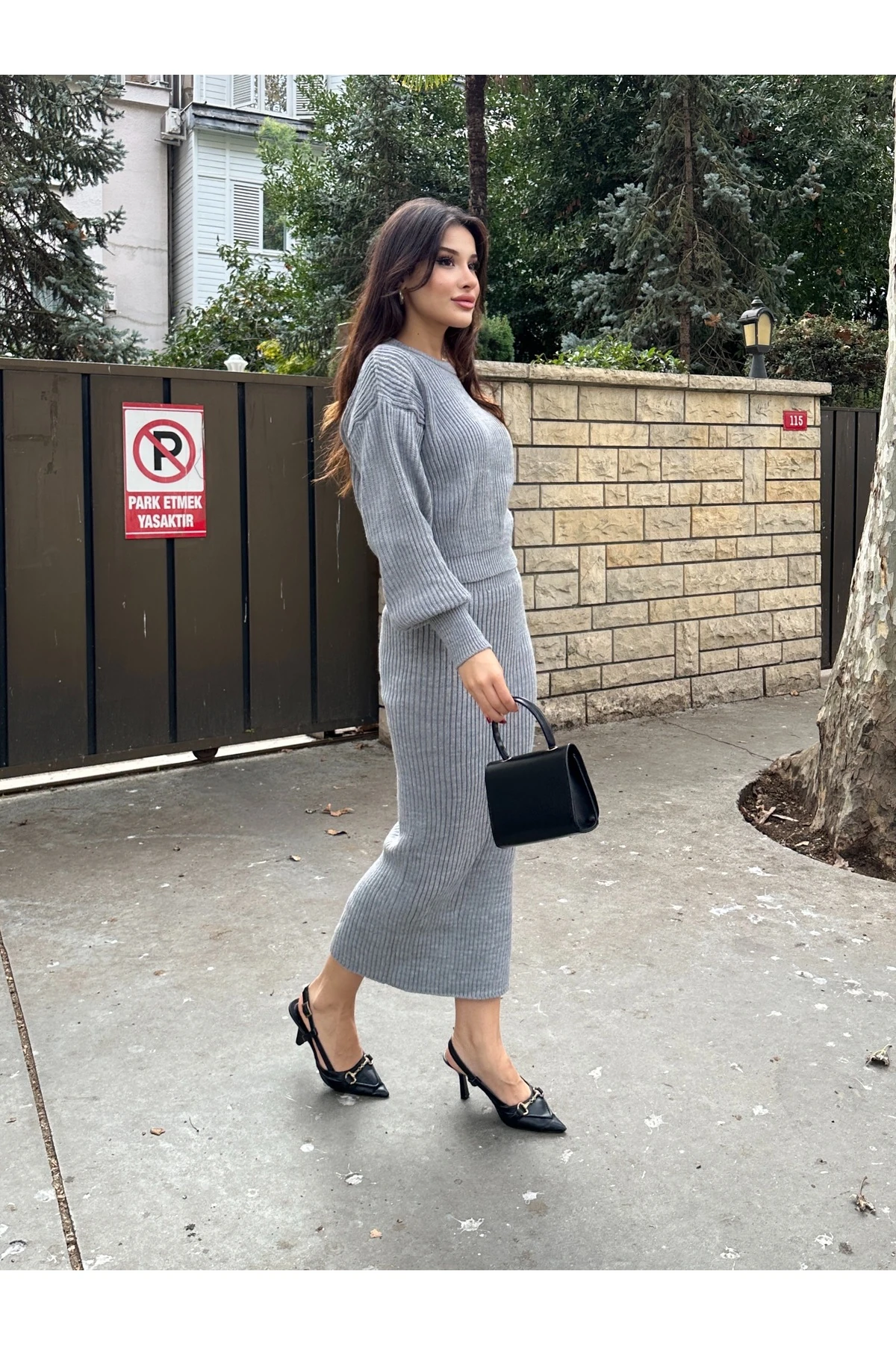 Selanik Örgü İkili Takım - Koyu Gri