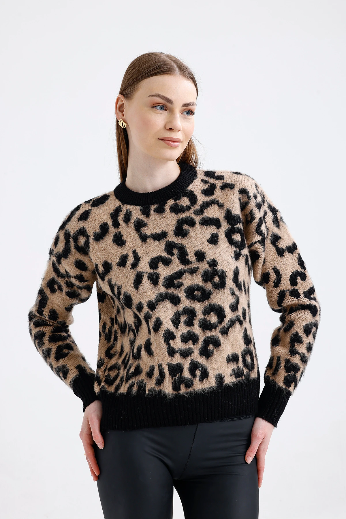 Leopar Desen Triko Kazak - Karamel