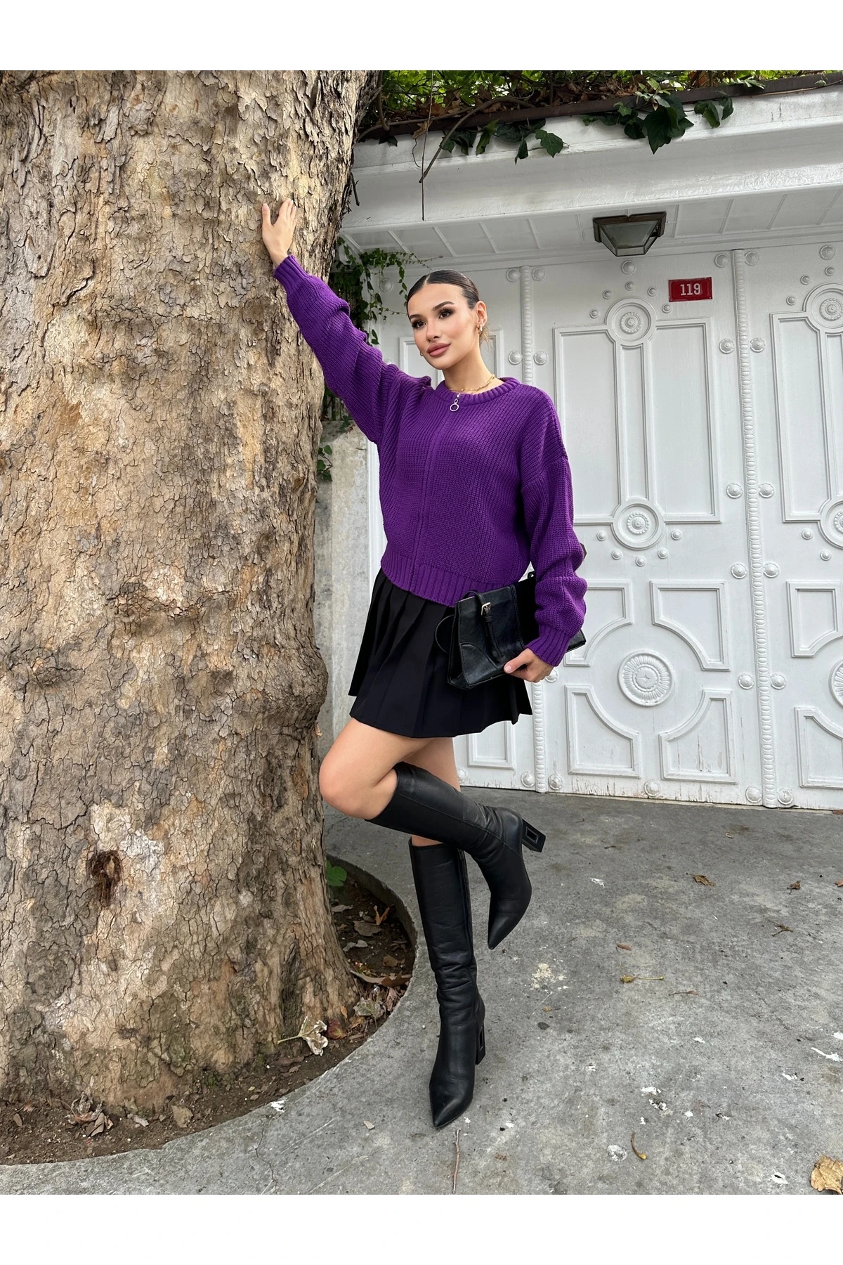 Kadın Fermuarlı Triko Hırka - Mor