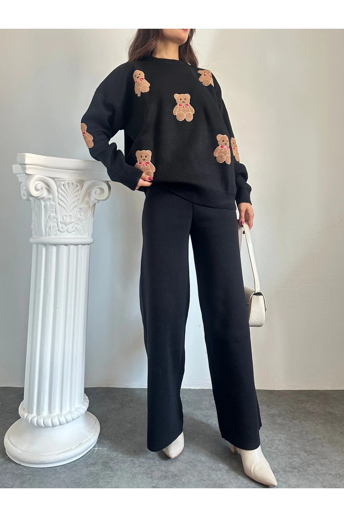 Ayıcıklı Triko Takım - Siyah