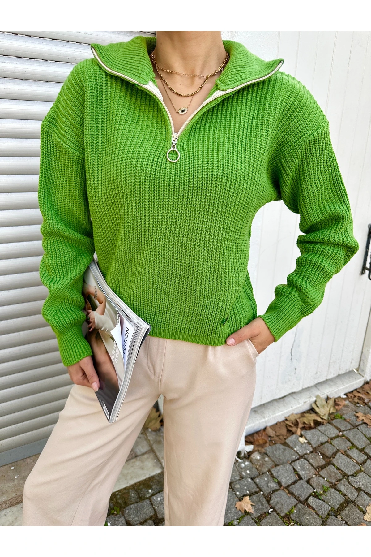 Fermuarlı Triko Kazak - Yeşil