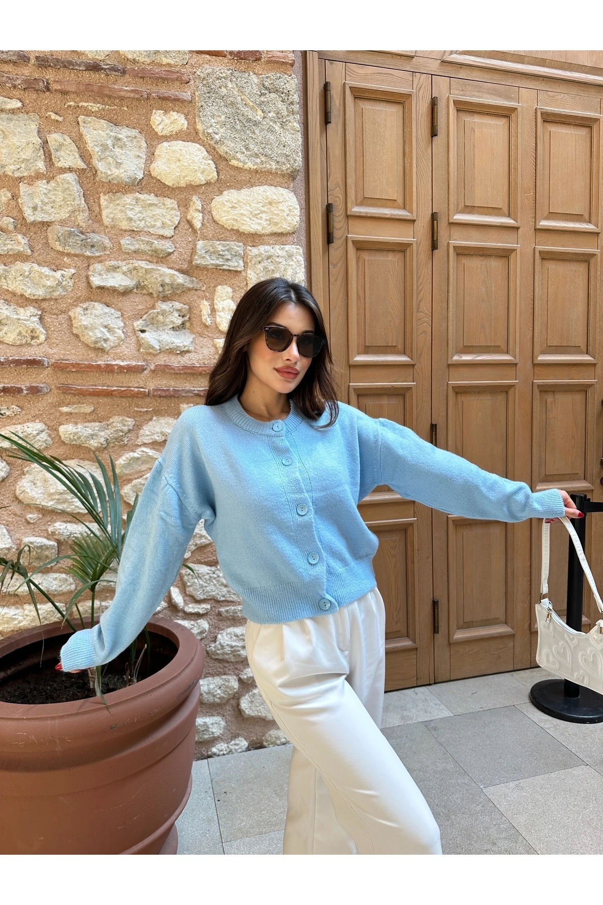 Basic Düğmeli Antrasit Triko Hırka - Bebe Mavisi