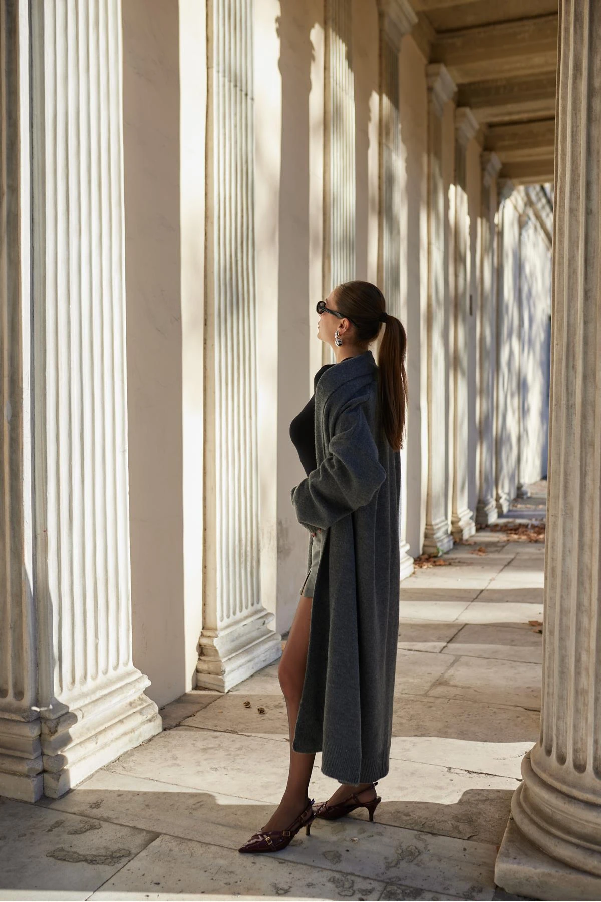 Acı Kahve Şal Yaka Uzun Hırka - Antrasit