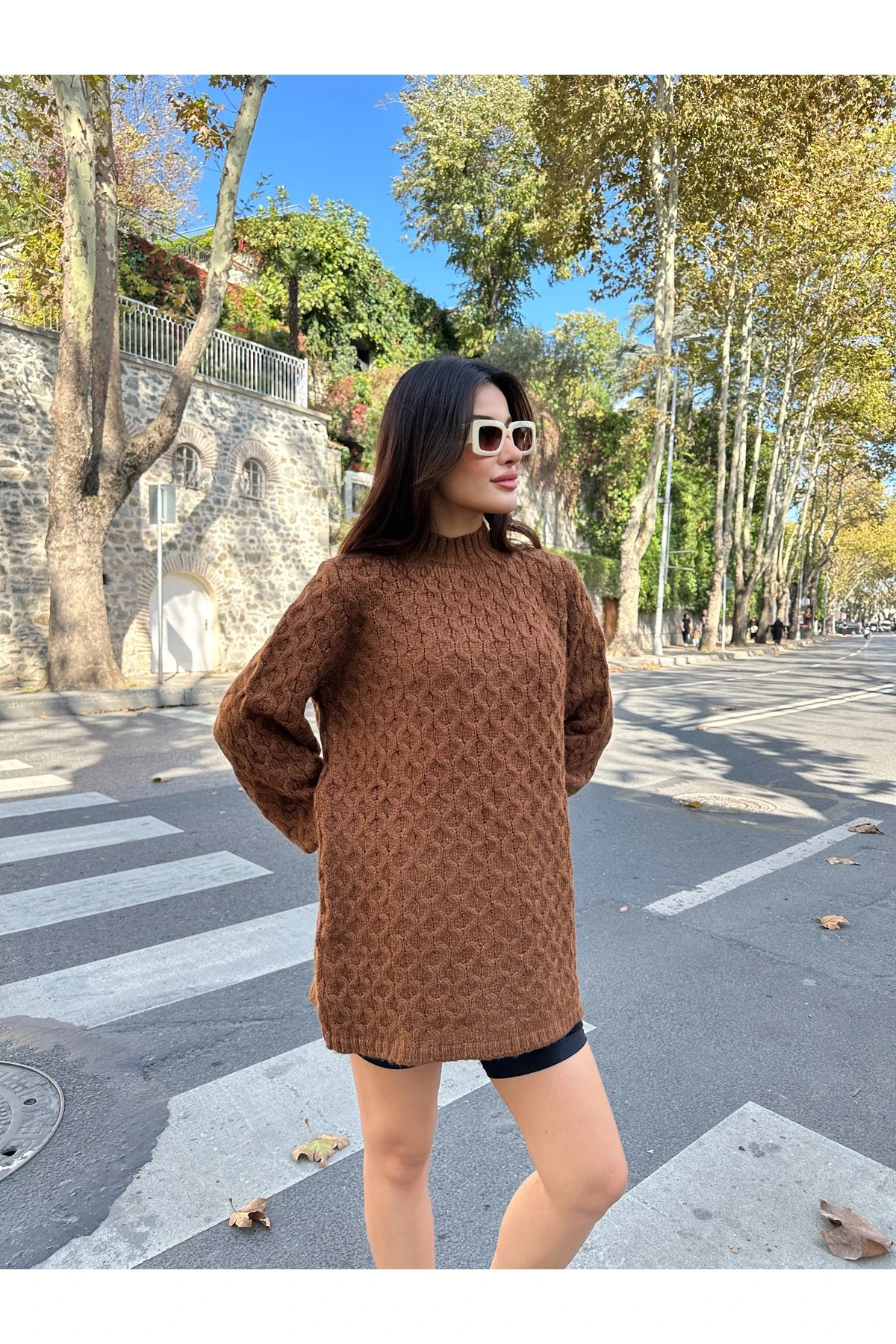 Bisiklet Yaka Dokulu Triko Tunik - Kahverengi