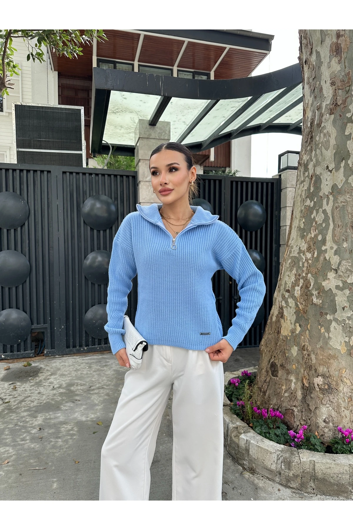 Fermuarlı Triko Kazak - Mavi