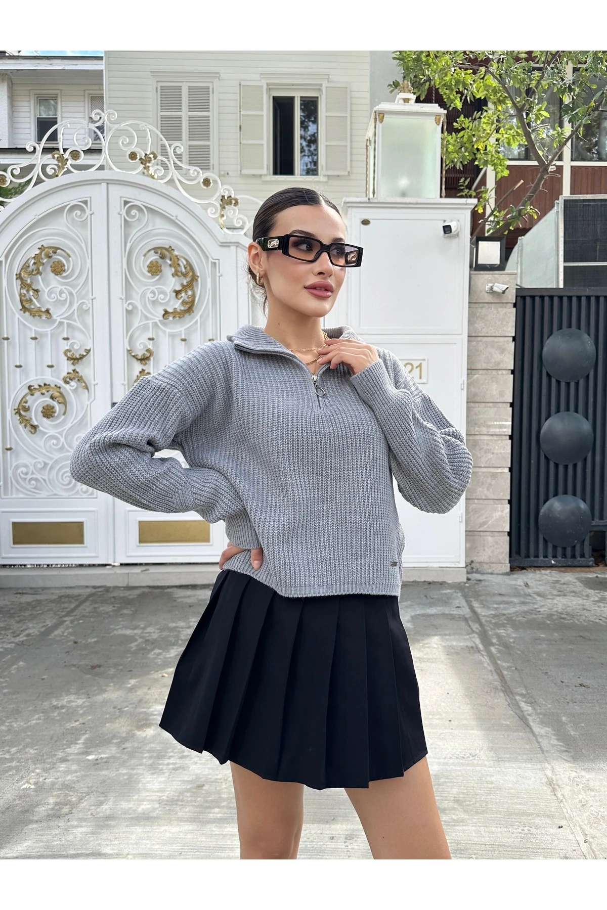 Fermuarlı Triko Kazak - Gri