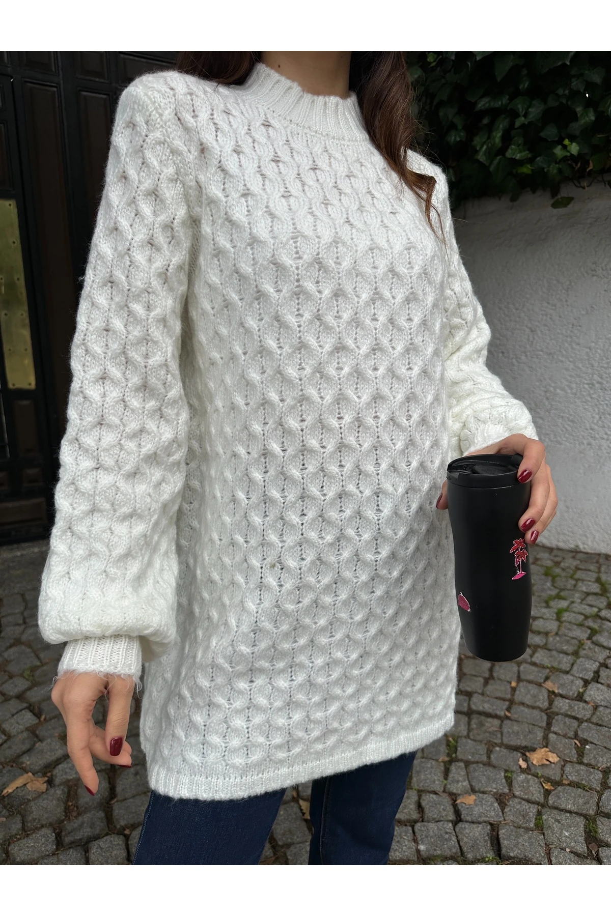 Bisiklet Yaka Dokulu Triko Tunik - Beyaz