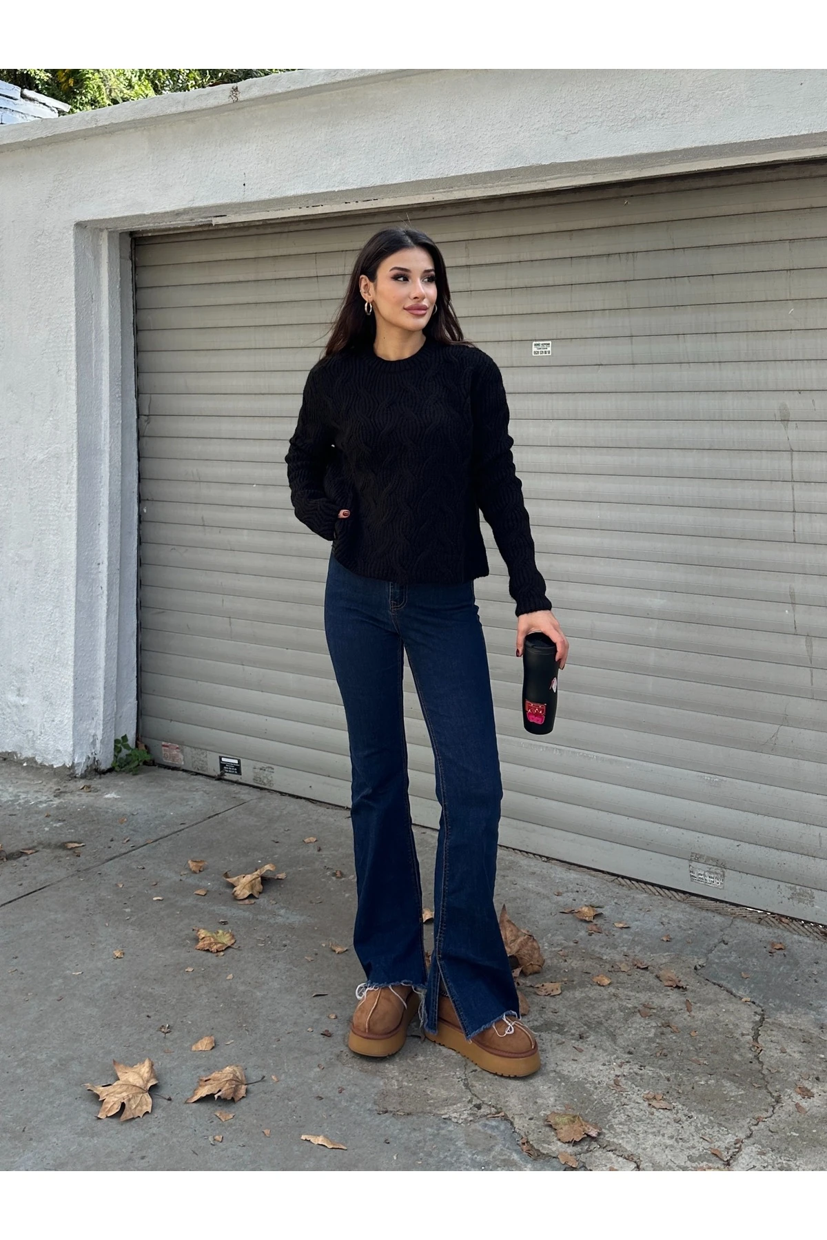 Bisiklet Yaka Dokulu Triko Kazak - Siyah