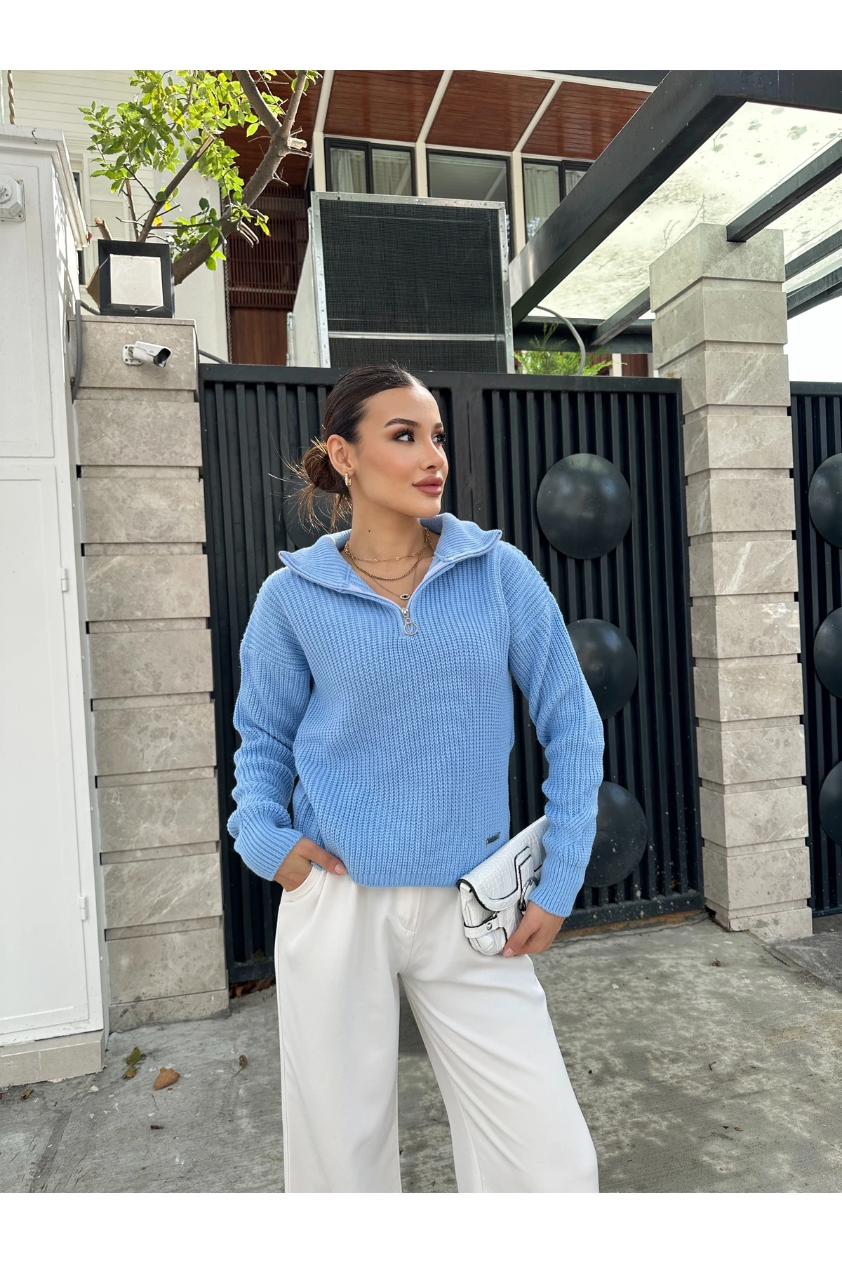 Fermuarlı Triko Kazak - Mavi