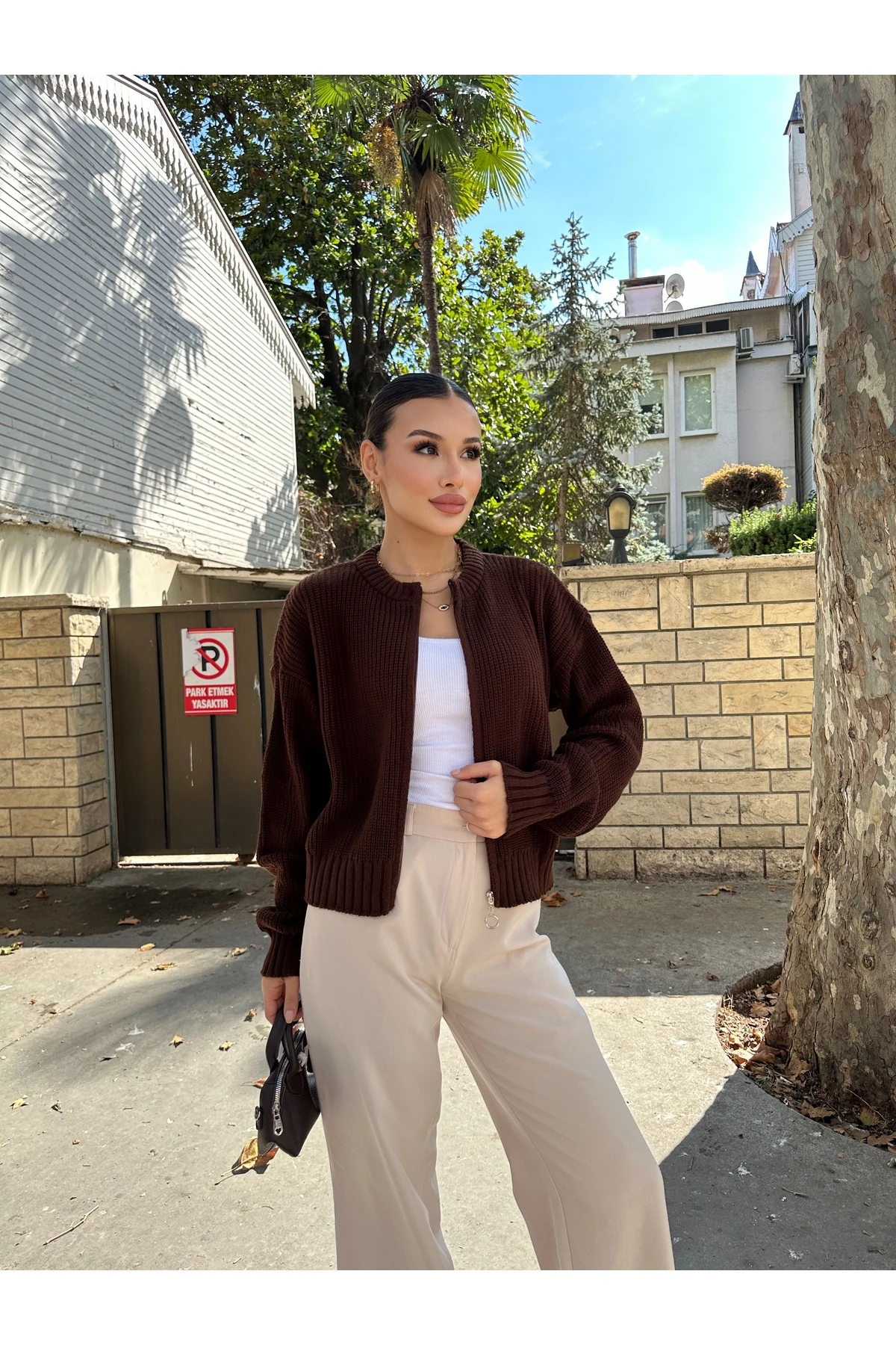 Kadın Fermuarlı Triko Hırka - Kahverengi