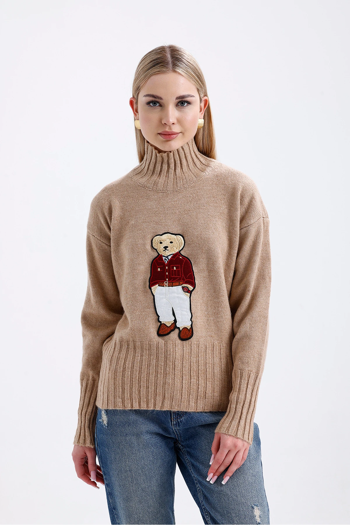 Balıkçı Yaka Ayıcıklı Triko Kazak