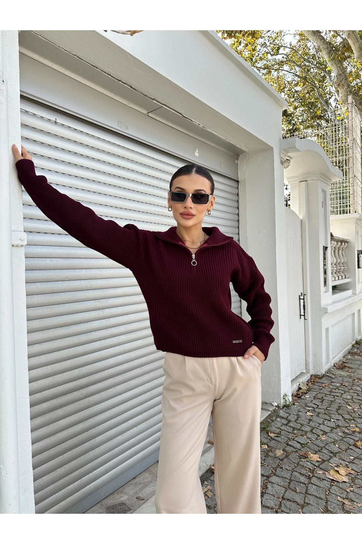 Fermuarlı Triko Kazak - Bordo