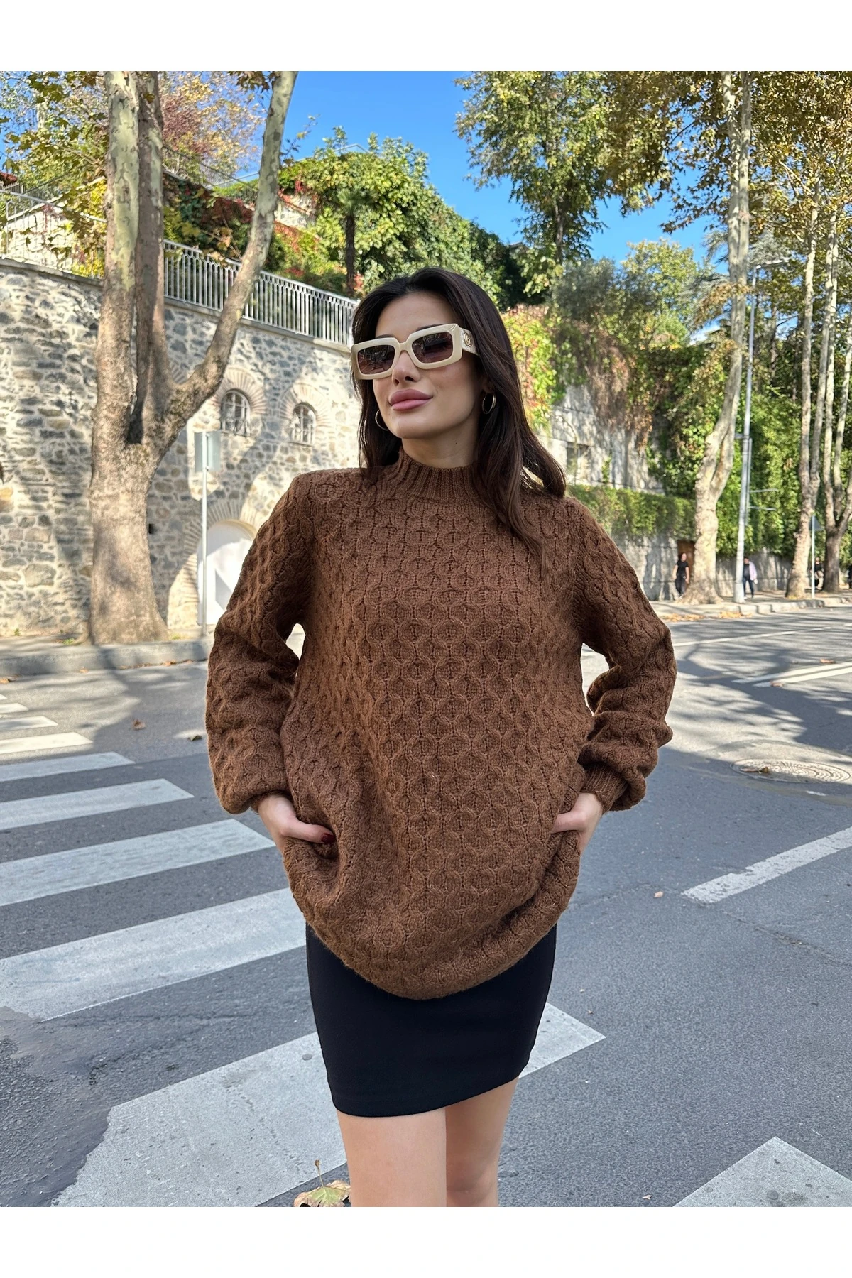 Bisiklet Yaka Dokulu Triko Tunik - Kahverengi