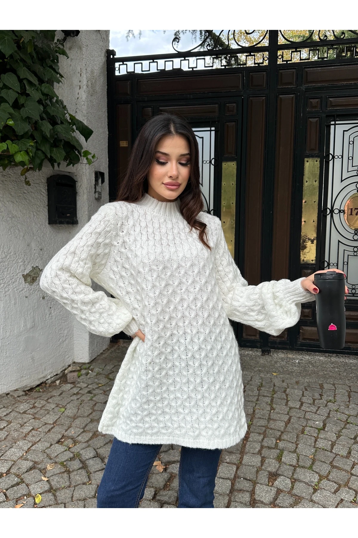 Bisiklet Yaka Dokulu Triko Tunik - Beyaz