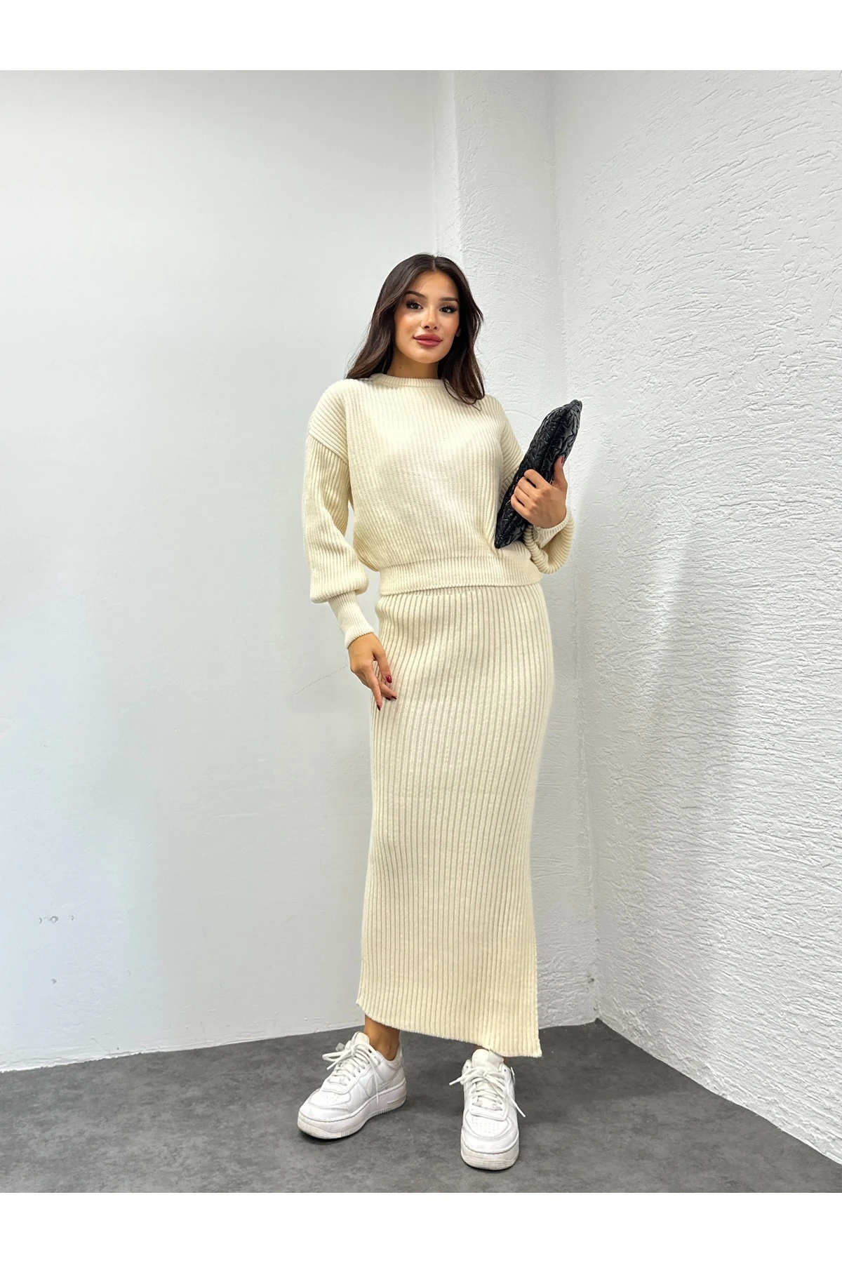 Selanik Örgü İkili Takım - Krem