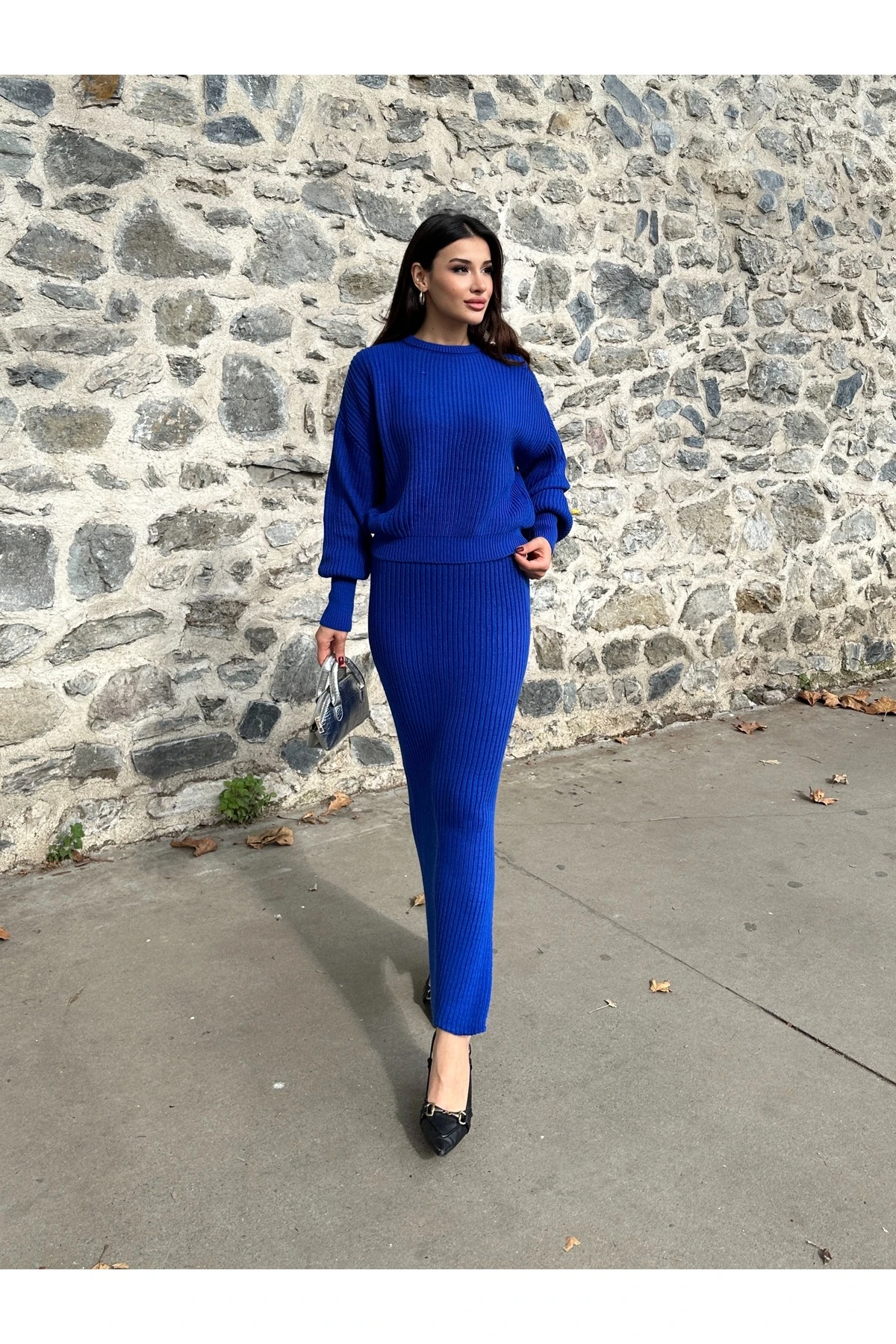 Selanik Örgü İkili Takım - saks mavisi