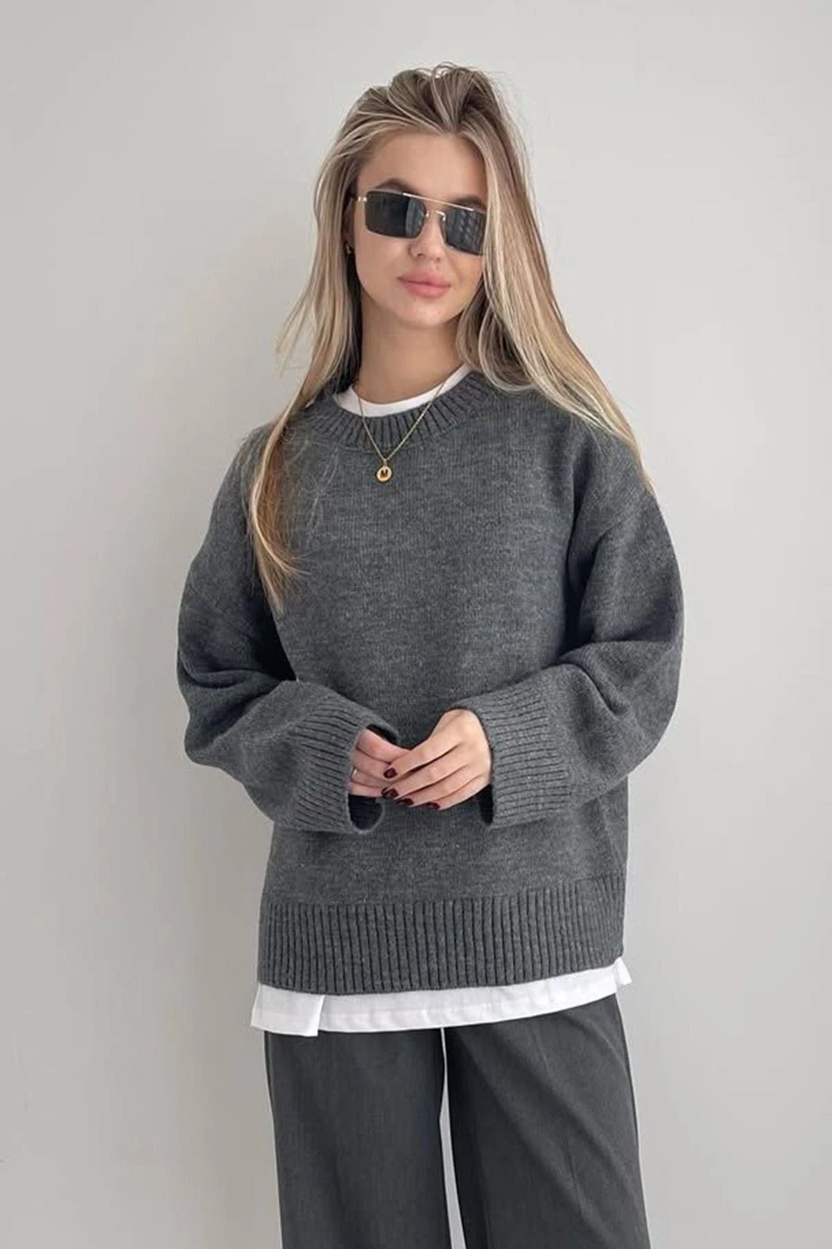 Antrasit Bisiklet Yaka Oversize Triko Kazak - Gri