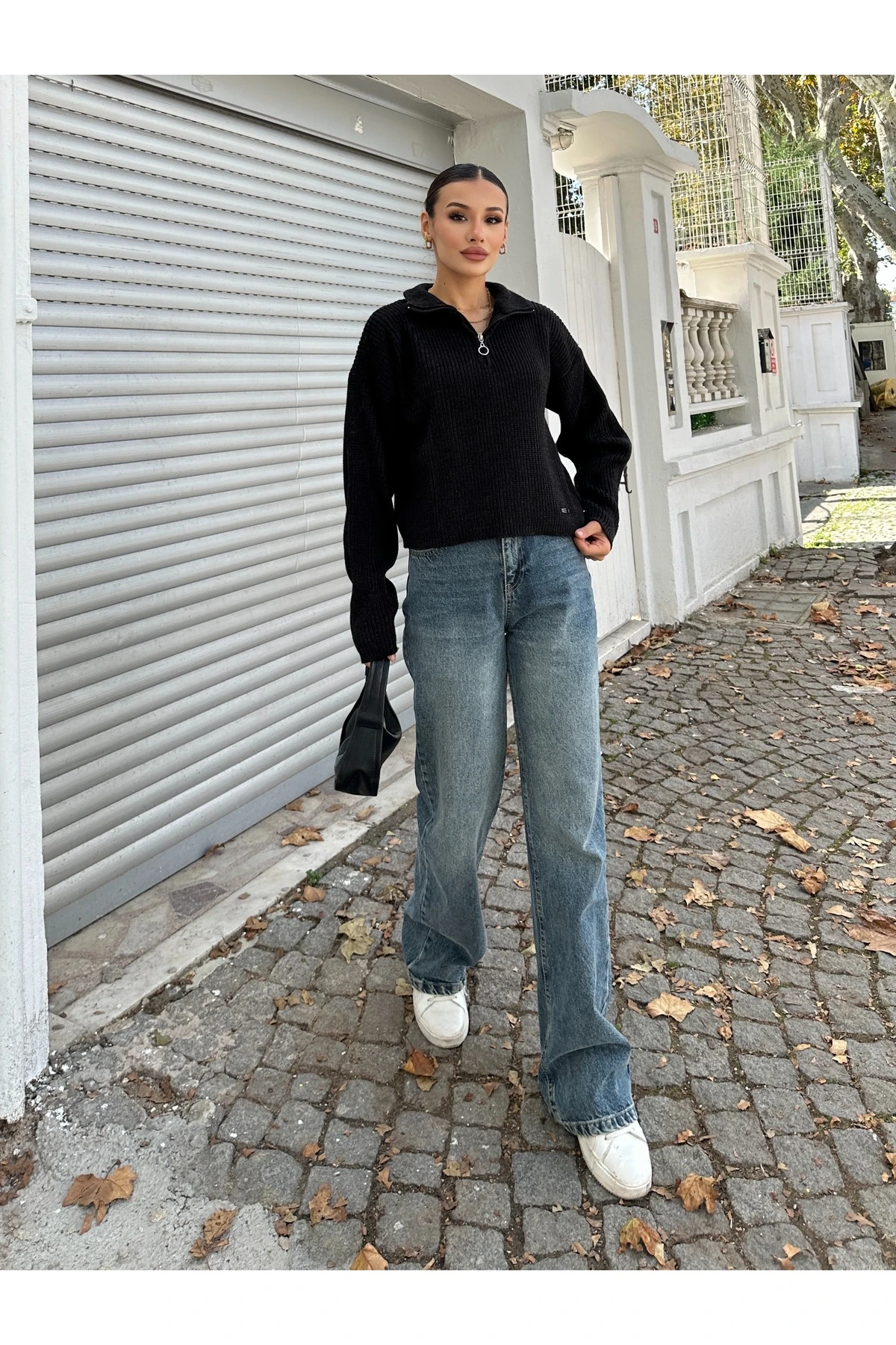 Fermuarlı Triko Kazak - Siyah