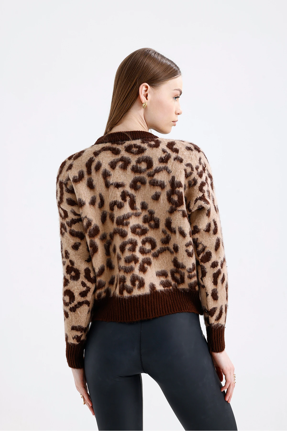 Leopar Desen Triko Kazak - Kahverengi