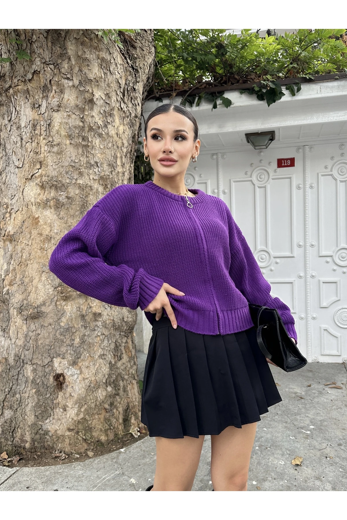 Kadın Fermuarlı Triko Hırka - Mor