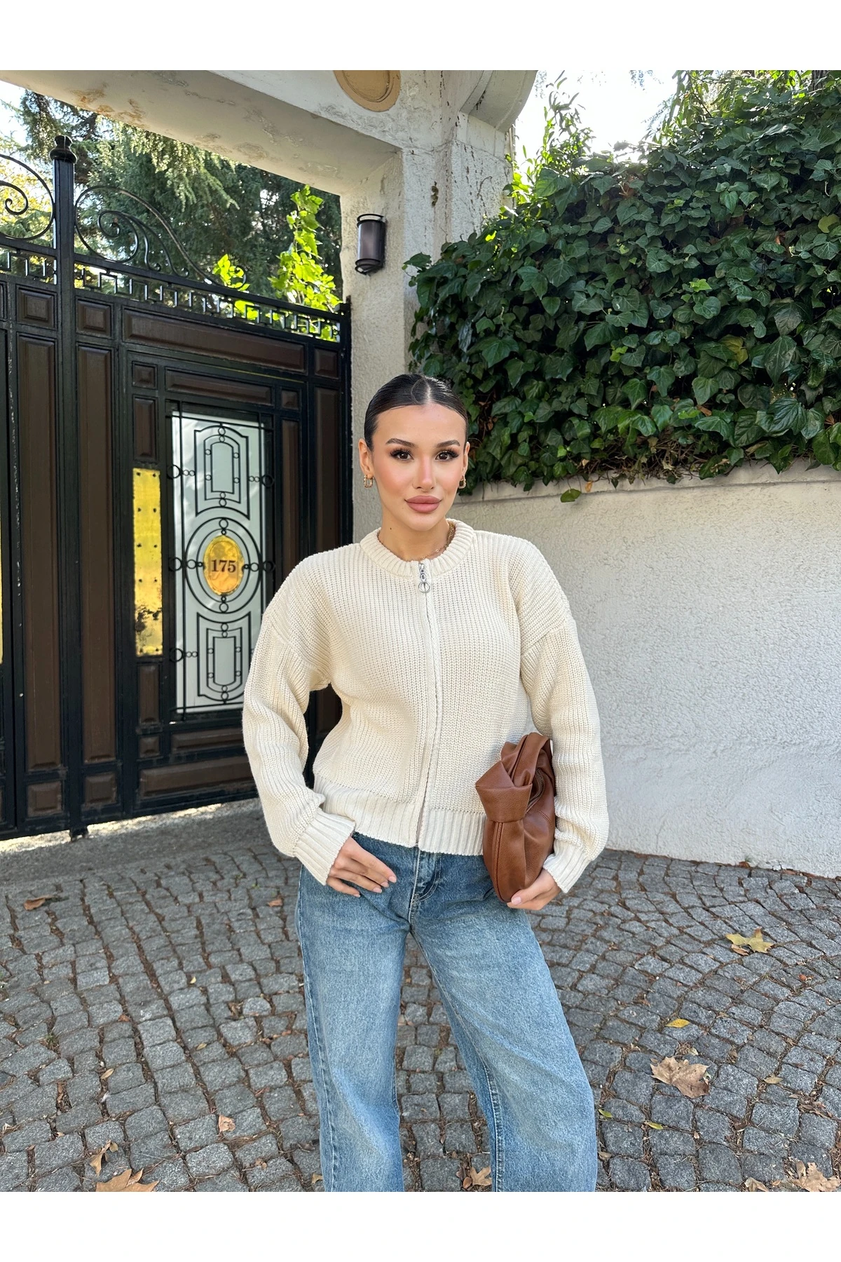 Kadın Fermuarlı Triko Hırka - Krem