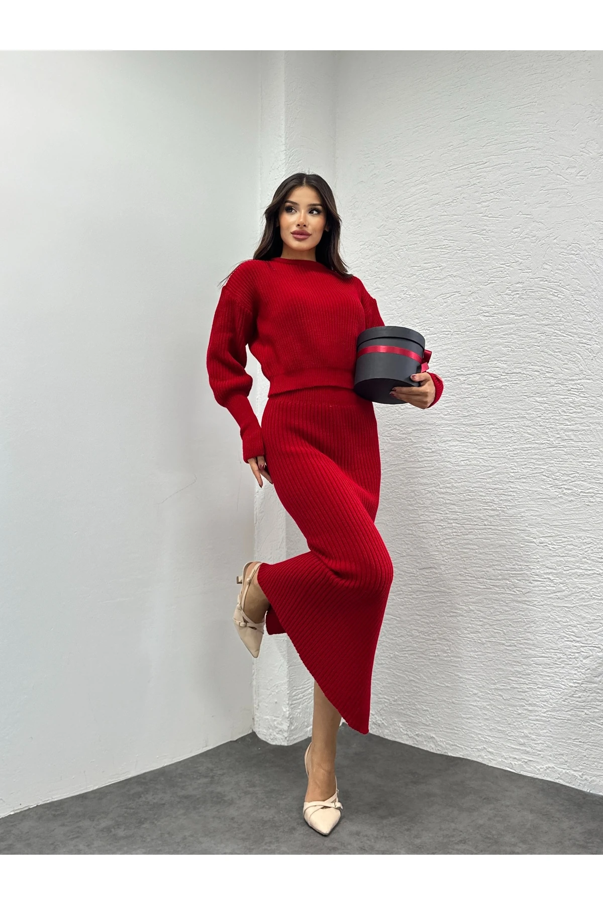 Selanik Örgü İkili Takım - Kırmızı