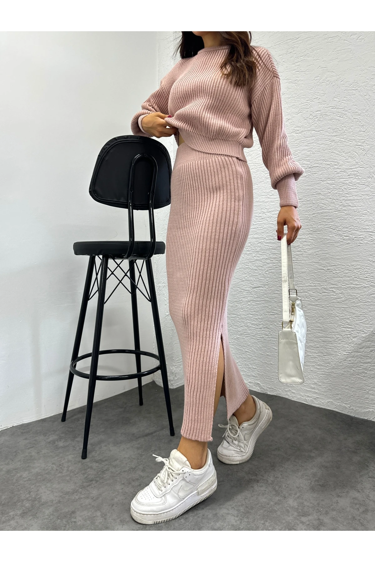 Selanik Örgü İkili Takım - Pudra